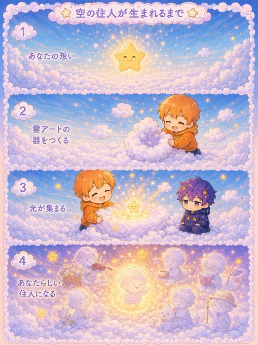 空の住人が生まれるまで。

4コマ形式の説明イラスト。

① 誰かの願いや優しさ、思い出から生まれた「ほしつぶ」。

② ぽかが雲アートで住人の器を作る。

③ 光が集まり、ほしつぶが器へ宿る。

④ その人らしい空の住人として誕生する。

周囲には、お花屋さんや音楽家、本好きの住人など様々な姿が描かれている。