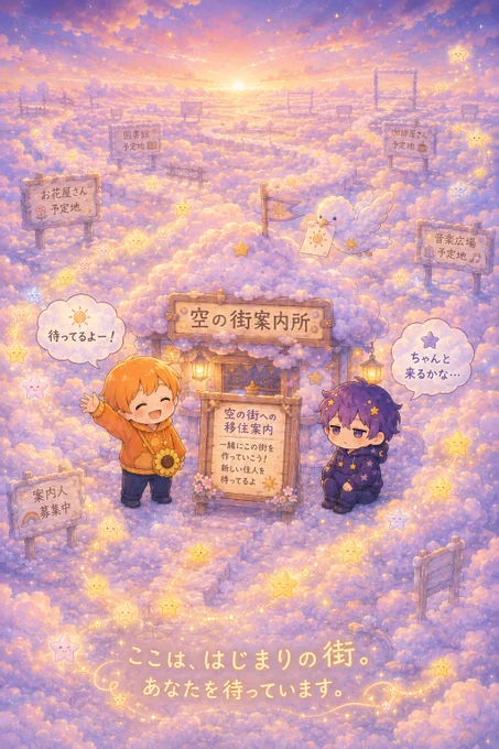 空の街案内所。

まだ何もない雲の大地に建てられた小さな案内所。

ぽかは笑顔で手を振りながら

「待ってるよー！」

と呼びかけている。

隣ではばるが

「ちゃんと来るかな…」

と少し心配そうに座っている。

周囲には、お花屋さん予定地、図書館予定地、珈琲屋さん予定地、音楽広場予定地などの看板が並び、これから住人たちと一緒に街が作られていくことが示されている。

下部には

「ここは、はじまりの街。あなたを待っています。」

というメッセージが描かれている。