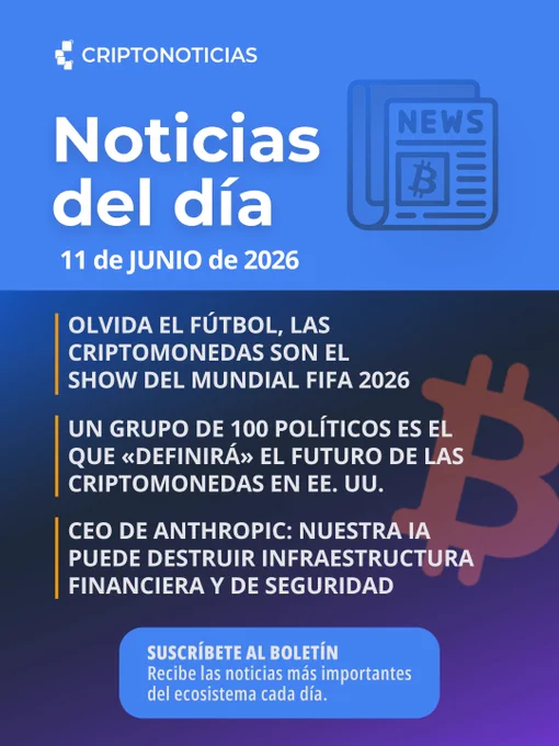 Promotional graphic for Criptonoticias showcasing key cryptocurrency headlines. The design is modern and informational.