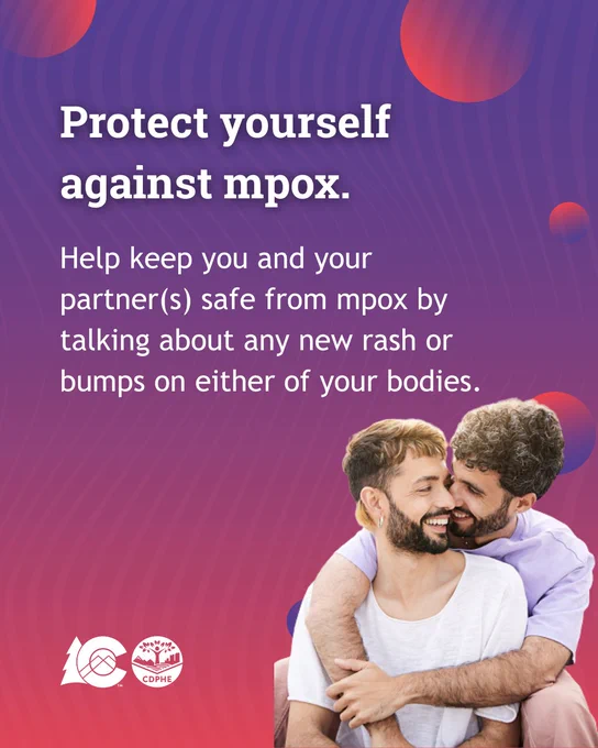 A person embraces another person while smiling. Text: Protect yourself against mpox. Help keep you and your partner(s) safe from mpox by talking about any new rash or bumps on either of your bodies. 