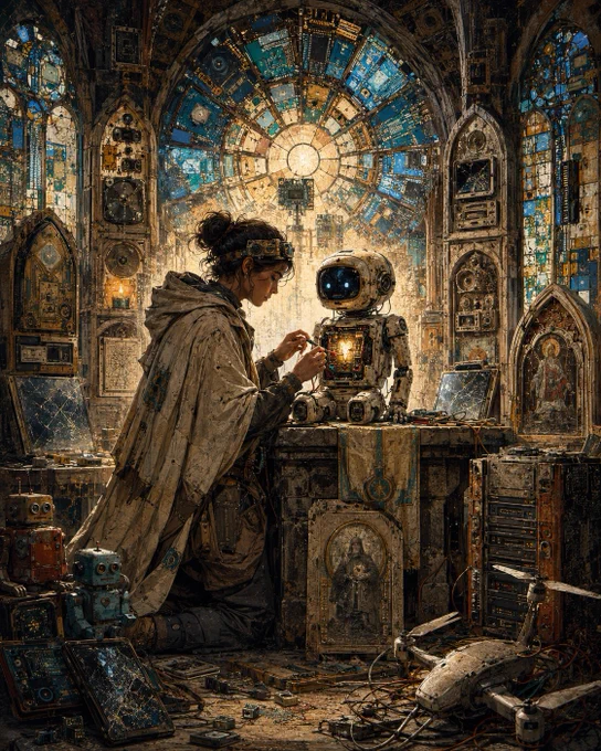 A future archaeologist kneels inside an abandoned cathedral made from obsolete technology, carefully repairing a small white household robot on an altar-like workbench. The robot’s chest is open, revealing a glowing heart-like light. Behind them, a large circular stained-glass window made of circuit boards shines warm amber and blue light across shelves of broken tablets, old robots, server towers, cables, drones, and relic-like electronics. The scene feels sacred, emotional, handmade, and futuristic.