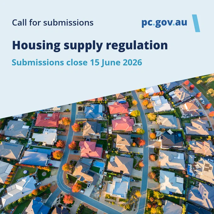 Aerial view of a suburban neighborhood with various houses surrounded by autumn-colored trees. Text overlay reads: "Call for submissions. Housing supply regulation. Submissions close 15 June 2026." Website: pc.gov.au.