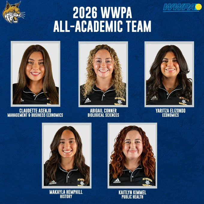 2026 WWPA All-Academic Team – UC Merced
Claudette Asenjo, Sr., Management and Business Economics
Abigail Conner, Fr., Biological Sciences
Yaritza Elizondo, So., Economics
Makayla Hemphill, Fr., History
Kaitlyn Kimmel, Sr., Public Health
