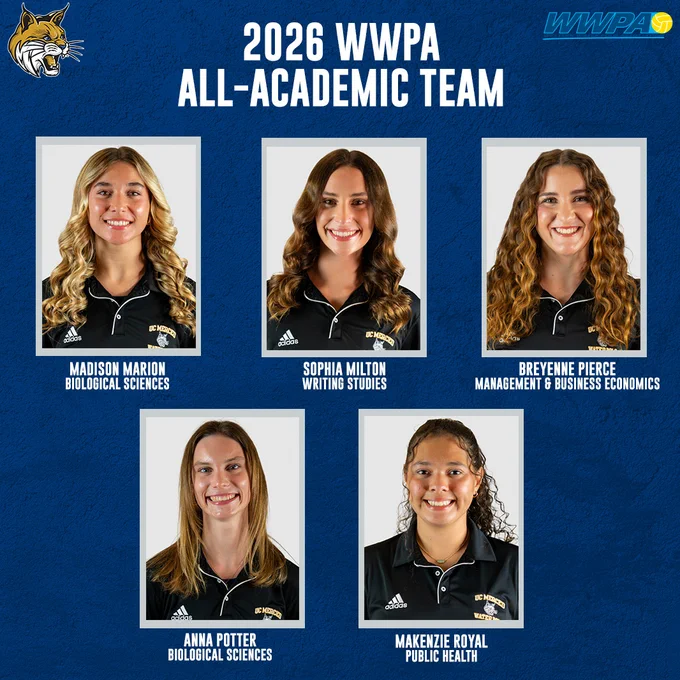2026 WWPA All-Academic Team – UC Merced
Madison Marion, Fr., Biological Sciences
Sophia Milton, Fr., Writing Studies
Breyenne Pierce, Sr., Management and Business Economics
Anna Potter, Fr., Biological Sciences
Makenzie Royal, Fr., Public Health

