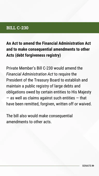 BILL C-230
An Act to amend the Financial Administration Act and to make consequential amendments to other Acts (debt forgiveness registry)

Private Member’s Bill C-230 would amend the Financial Administration Act to require the President of the Treasury Board to establish and maintain a public registry of large debts and obligations owed by certain entities to His Majesty — as well as claims against such entities — that have been remitted, forgiven, written off or waived.

The bill also would make consequential amendments to other acts.