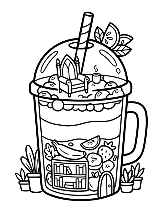 A whimsical gothic-style coloring page featuring a large, layered smoothie cup with a handle and a dome lid. Inside the cup, a miniature cozy room is depicted: the top layer serves as a lounge with a gothic-style armchair, two lit candles, and a hot mug sitting on top of whipped cream or ice cream scoops. The bottom layer of the drink is filled with floating fruits like a banana, strawberry, and orange slices, alongside a small bookshelf packed with books and a tiny door, making it look like a magical hidden dwelling. A striped straw pokes out from the top, and small potted plants sit around the base of the cup. The image is a clean black and white line art with no shading or color.