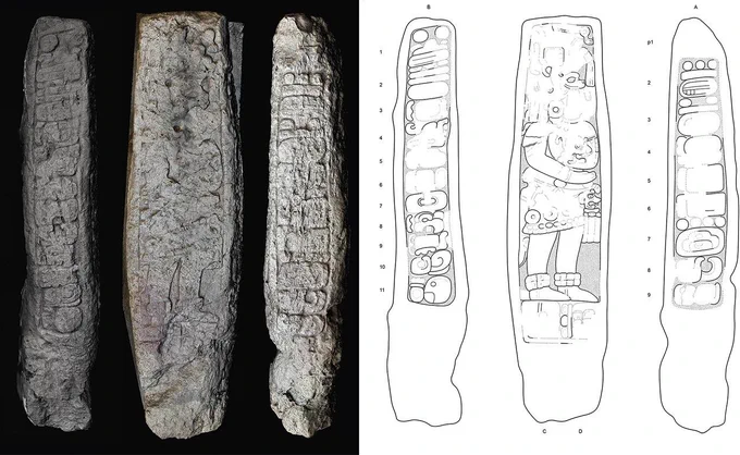 Stela 46, showing the left side, front face, and right side. 3D model by Kenichiro Tsukamoto, epigraphic drawing by Octavio Q. Esparza Olguín and Kenichiro Tsukamoto, and iconographic drawing by Daniel Salazar Lama. © PAEP / Tsukamoto et al., Ancient Mesoamerica (2026). Licensed under CC BY-NC 4.0.
