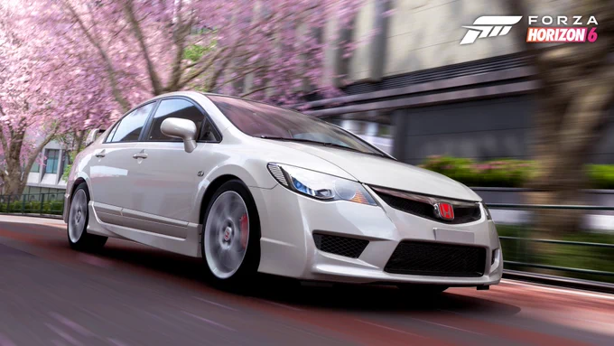 A white Honda car drives on a road lined with blooming cherry blossom trees. The image is branded with the Forza Horizon 6 logo in the upper right corner.