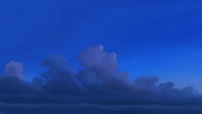 Digital painting of a dusk sky, dark blue with a row of rising blue-grey clouds, barely catching the light as the night falls.