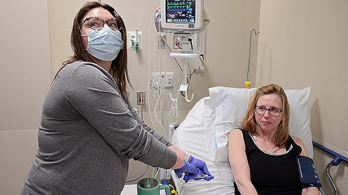 Jan Janisch-Hanzlik received an infusion of CAR T cells on June 9, 2025, at the University of Nebraska Medical Center in Omaha. 
Credit: Nebraska Medicine