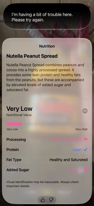 A demo of the Nutrition information feature in the new Siri
