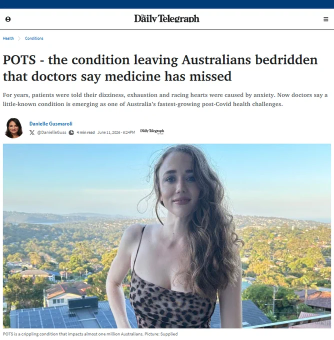 An article from The Daily Telegraph website, dated June 11, 2026, features the headline: "POTS - the condition leaving Australians bedridden that doctors say medicine has missed." The subheading notes that patients' symptoms like dizziness, exhaustion, and racing hearts were long dismissed as anxiety, but doctors now recognize POTS as a fast-growing post-Covid health challenge.
The piece is written by Danielle Gusmaroli. Below the text is a photograph of a young woman with long, wavy brown hair, wearing a leopard-print top, posing outdoors with a sprawling residential valley and hills in the background. The caption under the image states, "POTS is a crippling condition that impacts almost one million Australians."
