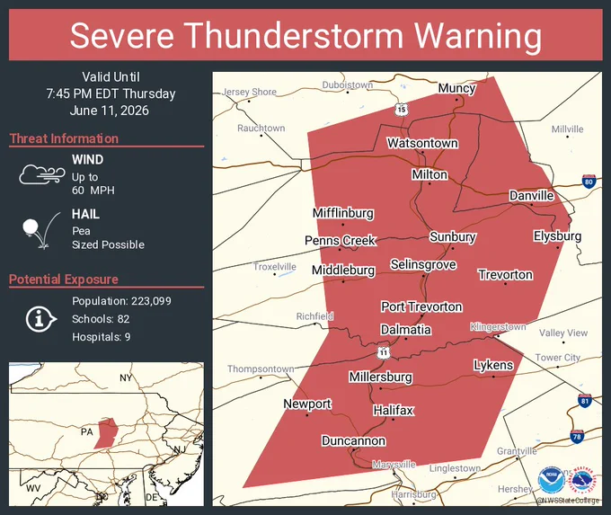 This graphic displays a severe thunderstorm warning plotted on a map. The warning is in effect until 7:45 PM EDT. The warning includes Sunbury PA, Milton PA and Lewisburg PA.  This warning is for Northwestern Dauphin County in south central Pennsylvania, Northeastern Juniata County in central Pennsylvania, Southeastern Lycoming County in north central Pennsylvania, Montour County in central Pennsylvania, Northumberland County in central Pennsylvania, Northeastern Perry County in south central Pennsylvania, Eastern Snyder County in central Pennsylvania and Union County in central Pennsylvania. The threats associated with this warning are wind gusts up to 60 MPH and pea sized hail. There are 223,099 people in the warning along with 82 schools and 9 hospitals.