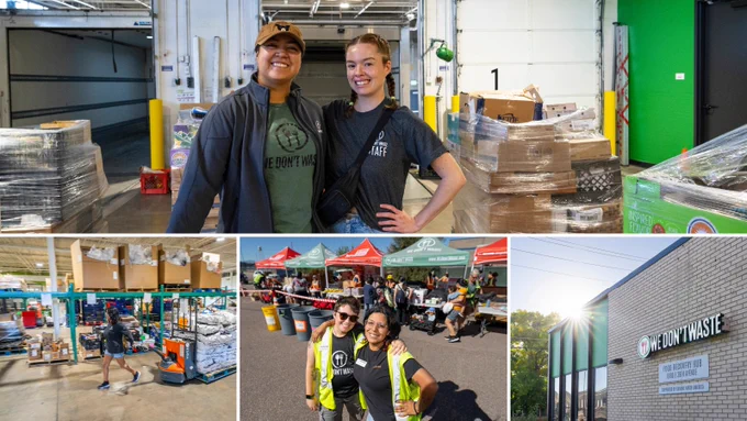 A collage of photos featuring workers and volunteers of We Don’t Waste in a warehouse and at events, as well as a photo of We Don’t Waste’s building. 