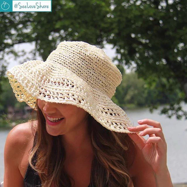 Crocheted Wide Brim Raffia Hat 