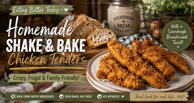 Full image of baked chicken tenders, next to sourdough bread in a homestead kitchen background. This is part of the Eating Better Today series.