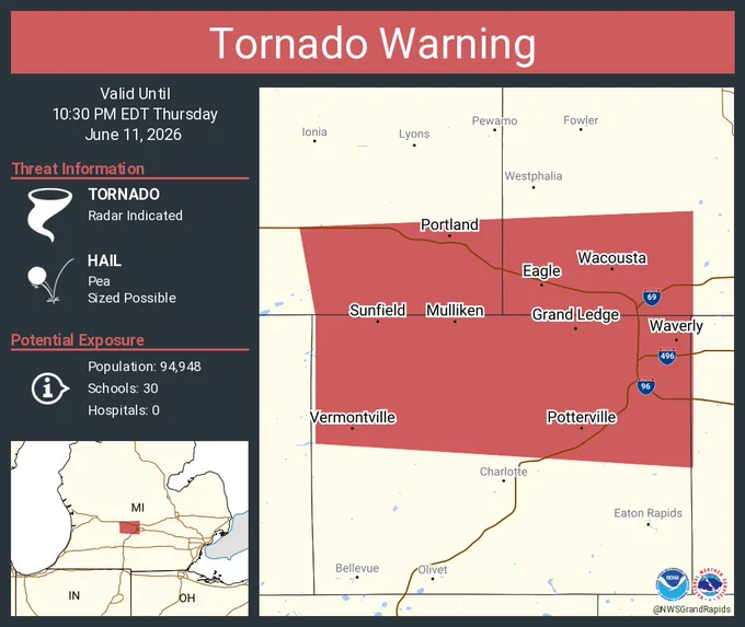 This graphic displays a tornado warning plotted on a map. The warning is in effect until 10:30 PM EDT. The warning includes Waverly MI, Grand Ledge MI and Portland MI.  This warning is for Southeastern Ionia County in south central Michigan, Southwestern Clinton County in south central Michigan and Northern Eaton County in south central Michigan. The threats associated with this warning are a radar indicated tornado and pea sized hail. There are 94,948 people in the warning along with 30 schools and 0 hospitals.