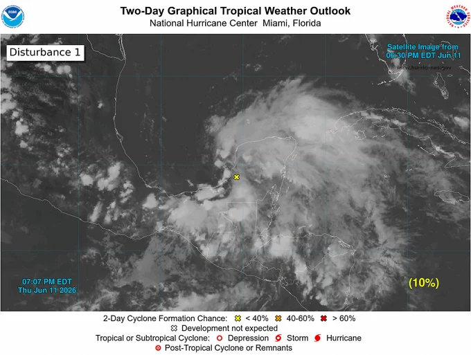 2 day Tropical Weather Outlook highlighting the disturbance moving into the Bay of Campeche. 