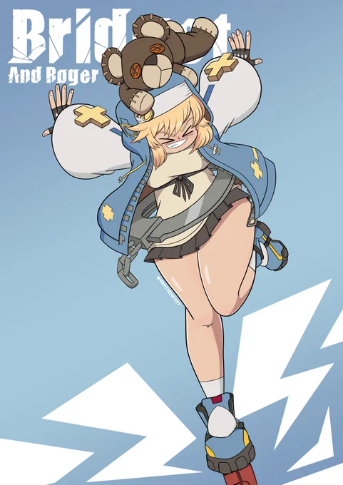 Bridget riding on her yo-yo with Roger holding into her hoodie. The background text says "Bridget and Roger"in the top left corner.