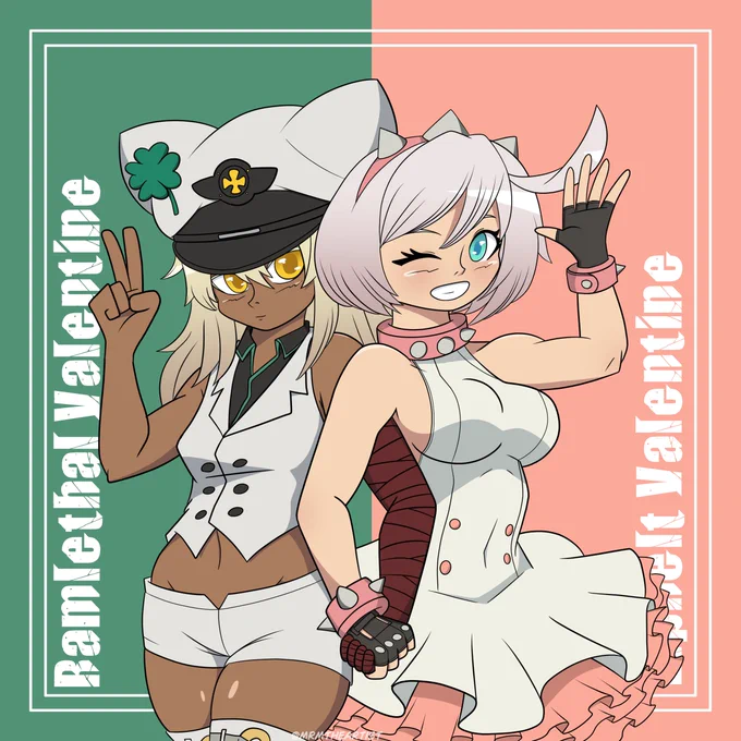 Ramlethal and Elphelt holding hands while posing. The background is a simple 2 color, with the GGST font used for each of their names.