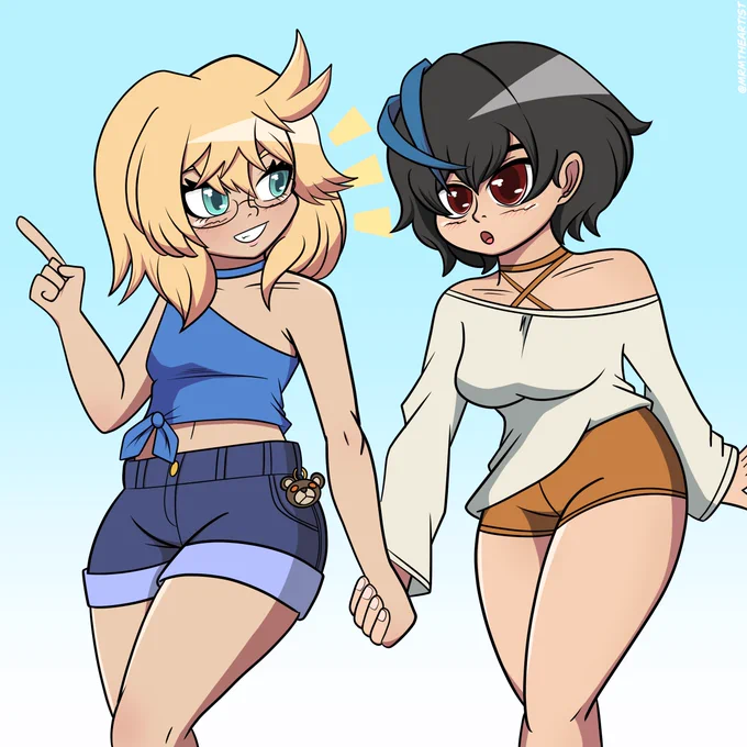 Completed art of Bridget and Unika wearing casual clothes while holding hands. 