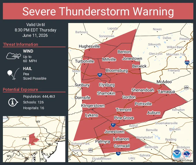 This graphic displays a severe thunderstorm warning plotted on a map. The warning is in effect until 8:30 PM EDT. The warning includes Lebanon PA, Bloomsburg PA and Pottsville PA.  This warning is for Columbia County in central Pennsylvania, Northeastern Dauphin County in south central Pennsylvania, Lebanon County in south central Pennsylvania, Southeastern Lycoming County in north central Pennsylvania, Montour County in central Pennsylvania, Northumberland County in central Pennsylvania, Schuylkill County in central Pennsylvania and Southeastern Sullivan County in north central Pennsylvania. The threats associated with this warning are wind gusts up to 60 MPH and pea sized hail. There are 444,463 people in the warning along with 126 schools and 16 hospitals.