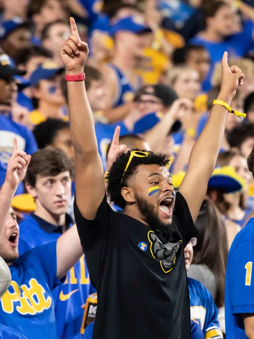 A Pitt student wearing a black shirt with a Panther logo cheers enthusiastically at a Pitt football game. A large crowd in blue and yellow attire, some with Pitt apparel, surrounds and echoes the excitement.