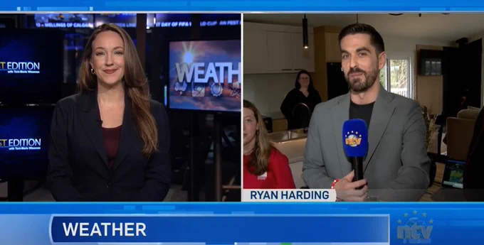 Amanda Mews anchors NTV News First Edition while Ryan Harding delivers the weather forecast.