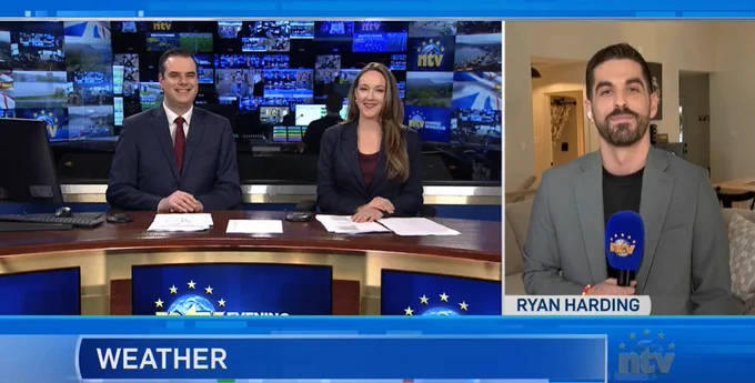 Michael Connors and Amanda Mews co-anchor the NTV Evening Newshour while Ryan Harding delivers the weather forecast.