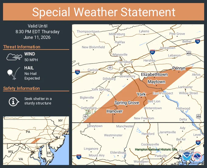 This graphic displays a special weather statement plotted on a map. The statement is in effect until 8:30 PM EDT.  The statement includes York PA, Hanover PA and  Weigelstown PA.  A GUSTY SHOWER WILL IMPACT NORTHWESTERN LANCASTER and SOUTHEASTERN ADAMS AND WESTERN YORK COUNTIES THROUGH 830 PM EDT. The threats associated with this storm are wind gusts up to 50 MPH and no hail is expected. Seek shelter in a sturdy structure until the storm passes.