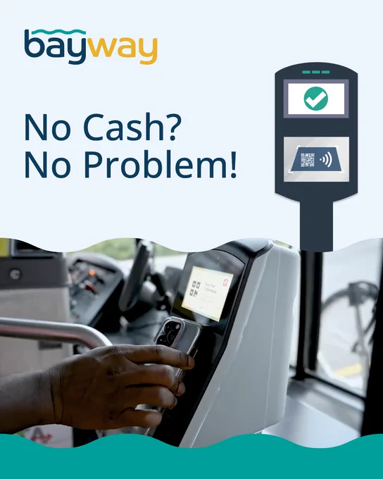 💳 Skip the cash and tap your way onboard!
Did you know every Bayway bus is equipped with a Token Transit Tap to Pay validator? Simply tap a contactless credit or debit card, Apple Pay, Google Pay, or your smartwatch at the validator when you board and you're ready to ride. 🚍
The validator can also scan mobile passes purchased through the Token Transit app, giving you multiple convenient ways to pay.
Look for the contactless symbol on your card or mobile wallet and make boarding faster than ever.
