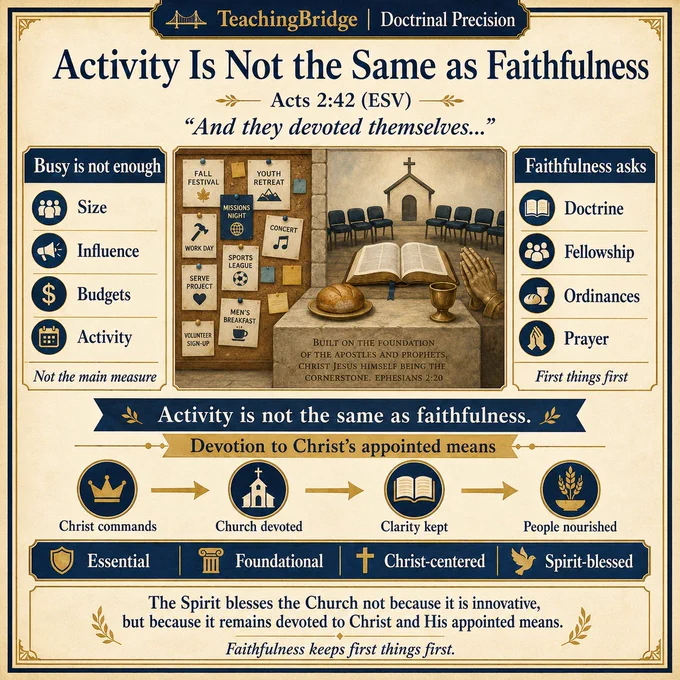 TeachingBridge infographic titled “Activity Is Not the Same as Faithfulness,” under “Doctrinal Precision,” with Acts 2:42 and the quote, “And they devoted themselves...” The design uses parchment tones with navy blue and gold accents. At the center, a contrast is shown between a busy church bulletin board full of activities and a table with an open Bible, bread, cup, and prayer, emphasizing devotion to Christ’s appointed means. A left panel says “Busy is not enough,” listing size, influence, budgets, and activity as not the main measure. A right panel says “Faithfulness asks,” listing doctrine, fellowship, ordinances, and prayer. A banner reads, “Activity is not the same as faithfulness.” The footer says the Spirit blesses the Church not because it is innovative, but because it remains devoted to Christ and His appointed means.