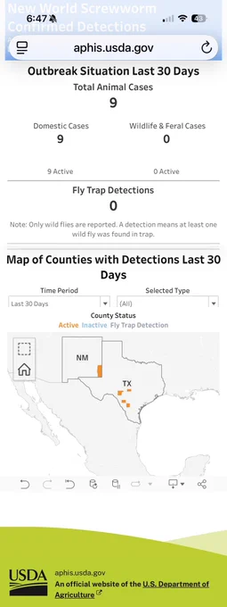SOURCE: https://www.aphis.usda.gov/animals/animal-health/livestock-and-poultry-disease/current-status/us-confirmed-cases-new-world