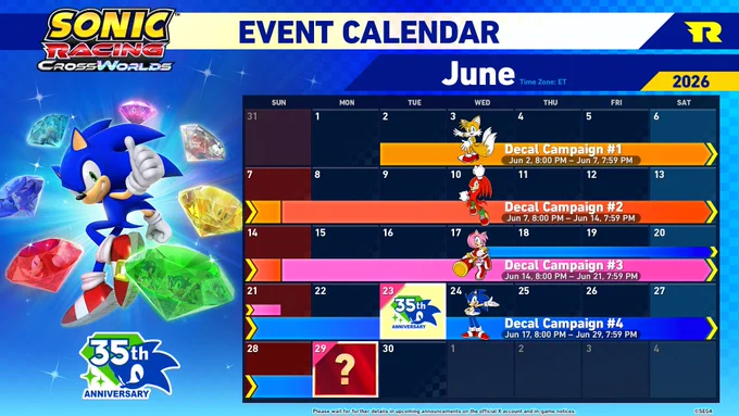 Sonic Racing: CrossWorlds 35th Anniversary June 2026 Event Calendar