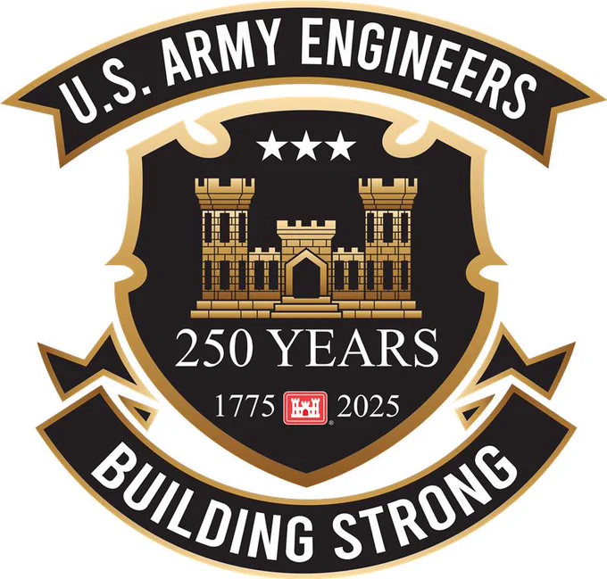 U.S. Army Corps of Engineers 250th anniversary commemorative emblem featuring a gold and black shield with stars, crossed engineering tools, and the years 1775\u20132025. A banner across the top reads \u201CU.S. Army Engineers,\u201D while the bottom banner states \u201CBuilding Strong.\u201D The center of the shield displays \u201C250 Years\u201D above a red ribbon marked \u201C1775\u201D and \u201C2025.\u201D The design celebrates 250 years of Army Engineer service and contributions to the nation.