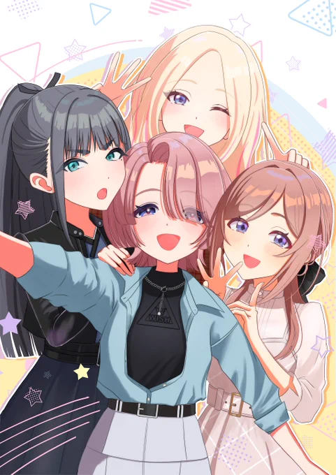 学園アイドルマスター（学マス）の有村麻央、姫崎莉波、十王星南、雨夜燕のファンアート。お気に入りの私服を着た4人が、麻央を中心に集まって自撮り風にカメラ目線でポーズを決めています。星南と莉波は、手で「３」と「１」を表現しています。