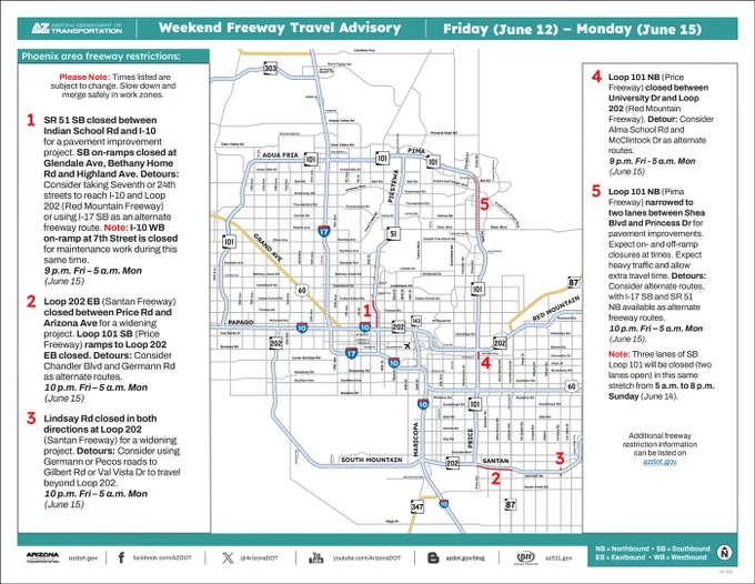 A map outlining freeway travel advisories in a city from Friday, June 12, to Monday, June 15. Key areas with restrictions include SR 51, I-10, US 60, and Loop 101, marked with red icons. The map highlights closures near Indian School Road, Van Buren Street, and other locations.