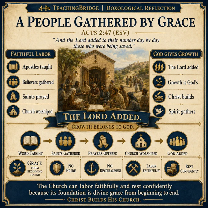 TeachingBridge infographic titled “A People Gathered by Grace,” under “Doxological Reflection,” with Acts 2:47 and the quote, “And the Lord added to their number day by day those who were being saved.” The design uses parchment tones with navy blue and gold accents. At the center, believers gather near a church entrance around Scripture, prayer, fellowship, and worship, while others approach from the road. A left panel, “Faithful Labor,” lists apostles taught, believers gathered, saints prayed, and church worshiped. A right panel, “God Gives Growth,” lists the Lord added, growth is God’s, Christ builds, and Spirit gathers. A central banner reads, “The Lord added. Growth belongs to God.” The footer says the Church can labor faithfully and rest confidently because its foundation is divine grace from beginning to end.