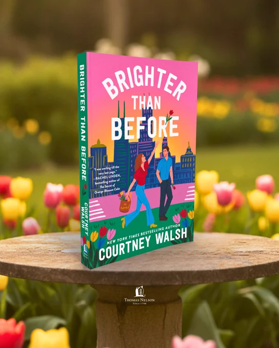 The image shows a colorful book cover titled "Brighter Than Before" by Courtney Walsh. The design features an illustrated cityscape in the background with two people walking. The scene is surrounded by vibrant tulips in a garden setting.
