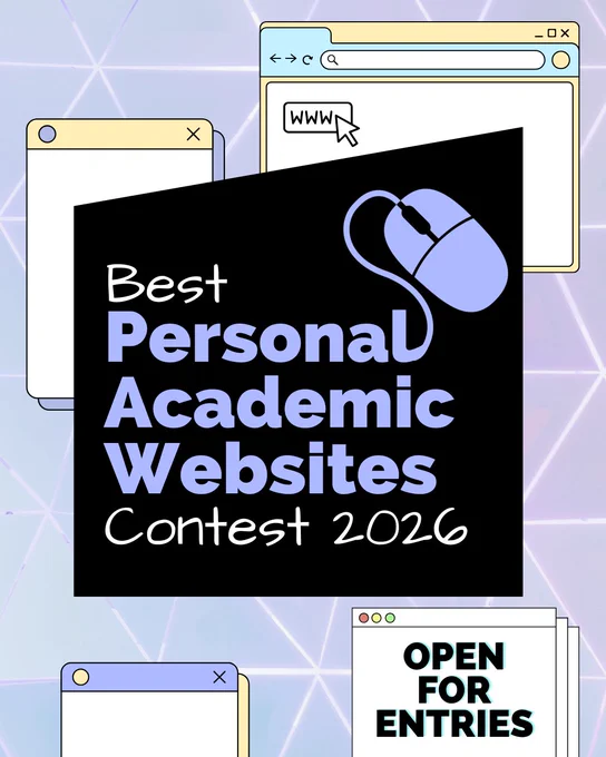 Text reads: Best Personal Academic Websites Contest 2026. A mouse icon appears next to the text. A graphic with browser window illustrations and a black shape in the center. One browser window says 'open for entries'. Background has light geometric lines.