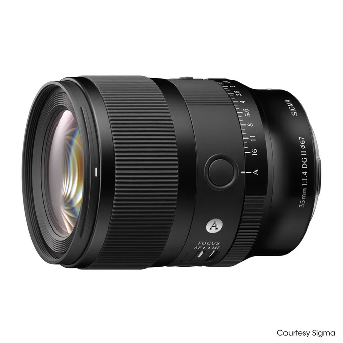 Image of a Sigma 35mm F1.4 DG DN Art lens. The lens is black with a ribbed focus ring and markings for focal length and aperture. It has a large glass front element.