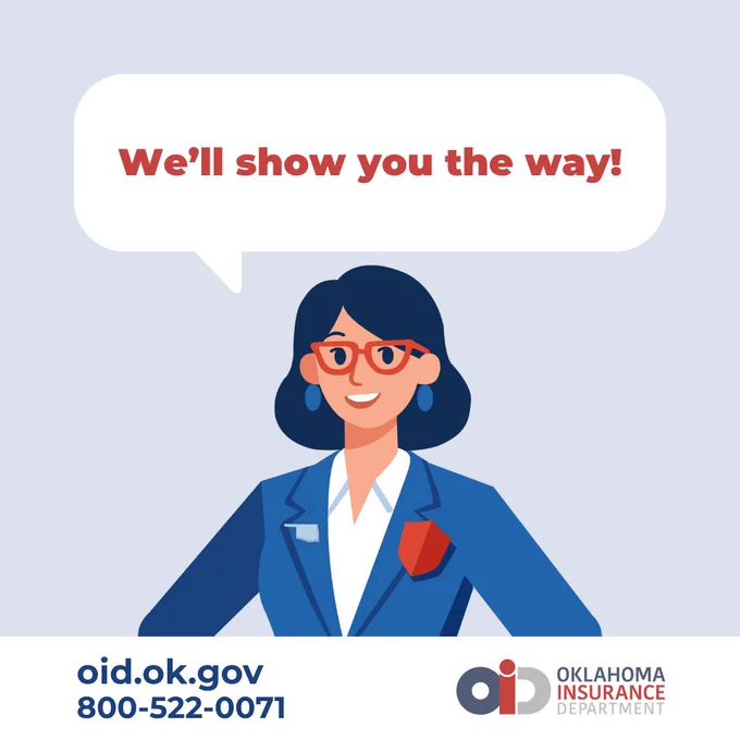 A person with blue hair and glasses stands wearing a blue suit with a name badge and red pocket square. A speech bubble above reads, "We'll show you the way!" The bottom of the image contains the logo and contact information for the Oklahoma Insurance Department.
