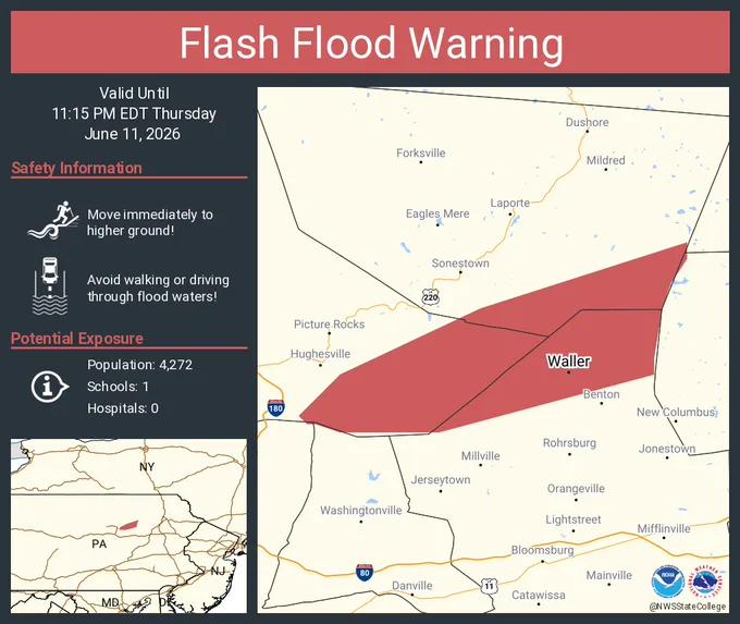 This graphic displays a flash flood warning plotted on a map. The warning is in effect until 11:15 PM EDT. The warning includes Waller PA.  This warning is for Northwestern Columbia County in central Pennsylvania, Southeastern Lycoming County in north central Pennsylvania and Southeastern Sullivan County in north central Pennsylvania. Avoid walking or driving through flood waters! Move immediately to higher ground! There are 4,272 people in the warning along with 1 school and 0 hospitals.