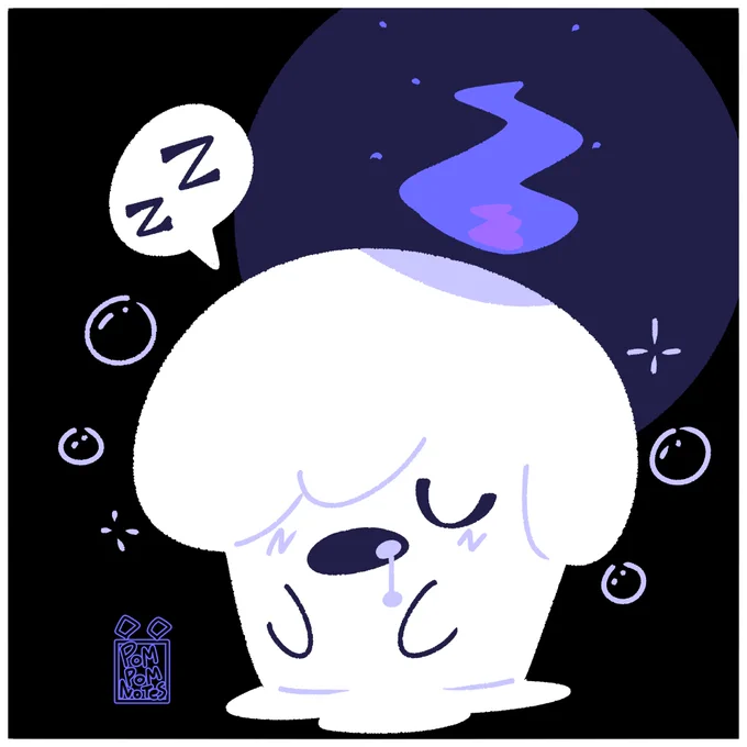 A drawing of a litwick, the candle pokemon, drooling and taking a nap, eyes closed in peace and bubbles around.