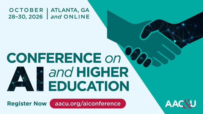 The image is a promotional graphic for a conference titled "Conference on AI and Higher Education." It will take place in Atlanta, GA, and online from October 28-30, 2026. The graphic features an illustration of two hands shaking, with a network pattern overlay. The AAC&U logo is included, along with a note to register at aacu.org/aiconference.