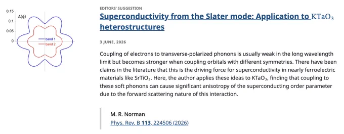 EDITORS' SUGGESTION
Superconductivity from the Slater mode: Application to KTaO3 heterostructures
3 June, 2026
Coupling of electrons to transverse-polarized phonons is usually weak in the long wavelength limit but becomes stronger when coupling orbitals with different symmetries. There have been claims in the literature that this is the driving force for superconductivity in nearly ferroelectric materials like SrTiO3. Here, the author applies these ideas to KTaO3, finding that coupling to these soft phonons can cause significant anisotropy of the superconducting order parameter due to the forward scattering nature of this interaction.

M. R. Norman
Phys. Rev. B 113, 224506 (2026)