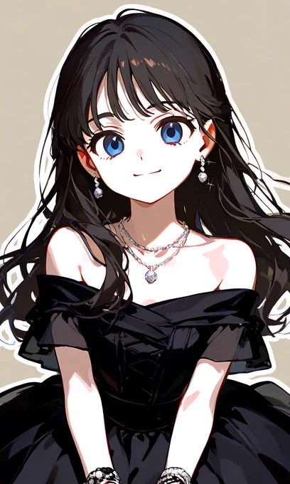 onii-chan wa oshimai!, 1girl, solo, long hair, looking at viewer, smile,masterpiece, (chibi:0.7),simple background, no lineart, flat color, 2d,anime coloring,, young, 17yo, pretty and cute, simple, (black gothic lolita fasion, off shoulder dress, collarbone, wristbands, necklace, earrings),