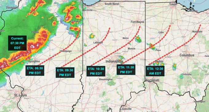 Graphic shows a radar map with projected estimated arrival times of a line of storms through Illinois, Indiana, and Ohio.