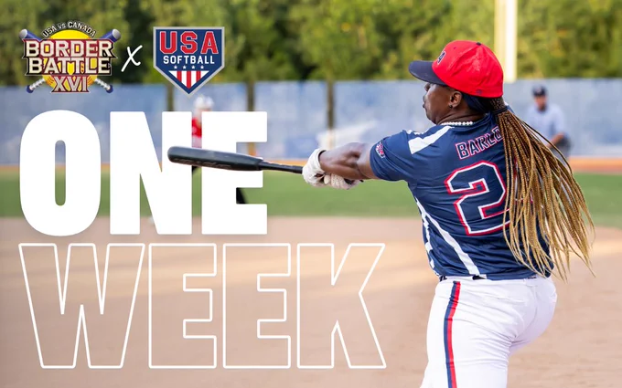 A promotional image for the upcoming Border Battle between USA and Canada softball teams. A softball player in action with bold text highlighting the event date.