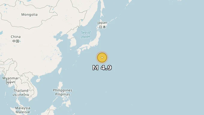 Map showing epicenter of M 4.9 earthquake in Adjacent Sea of​ Torishima Island, depth 500 km.